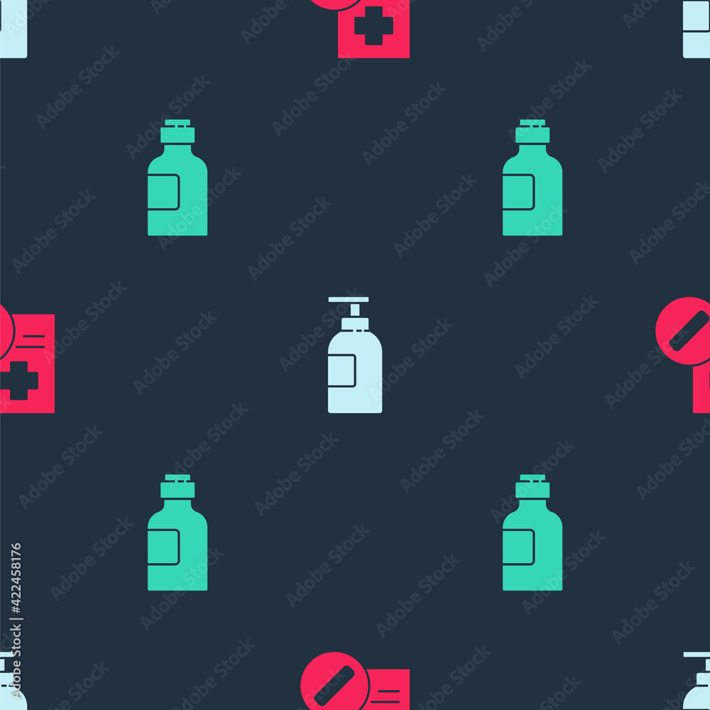 Set Medical prescription, Hand sanitizer bottle and Bottle of medicine syrup on seamless pattern. Vector