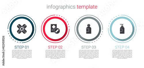 Set Crossed bandage plaster, Medical prescription, Bottle of medicine syrup and Hand sanitizer bottle. Business infographic template. Vector