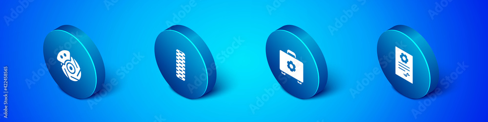 Set Isometric Car brake disk with caliper, Toolbox, Auto service check automotive and tire wheel icon. Vector Set Isometric Car brake disk with caliper, Toolbox, Auto service check automotive and tire wheel icon. Vector