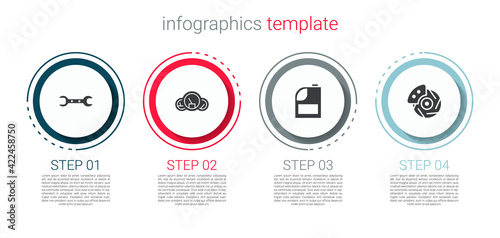 Set Wrench spanner, Speedometer, Canister for motor machine oil and Car brake disk with caliper. Business infographic template. Vector