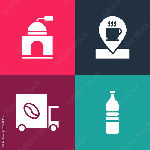 Set pop art Bottle of water, Coffee street truck machine, Location with coffee cup and Manual grinder icon. Vector
