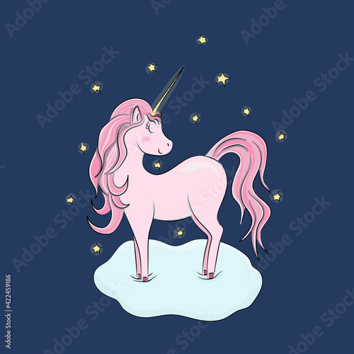 Beautiful Pink unicorn on cloud with stars.