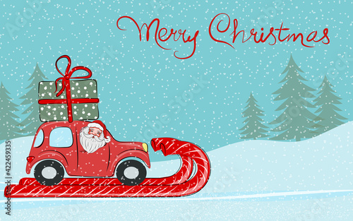Christmas card. Santa Claus is driving a red car with a gift on the roof. Merry Christmas