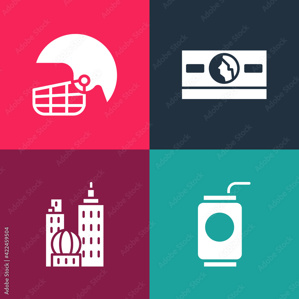 Set pop art Soda can with straw, City landscape, Stacks paper money cash and American football helmet icon. Vector Set pop art Soda can with straw, City landscape, Stacks paper money cash and American football helmet icon. Vector