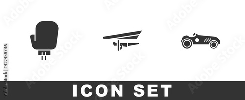 Set Boxing glove, Hang glider and Vintage sport racing car icon. Vector