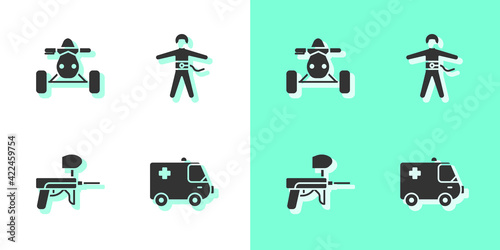 Set Ambulance and emergency car, ATV motorcycle, Paintball gun and Bungee jumping icon. Vector