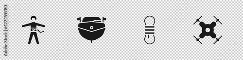 Set Bungee jumping, Speedboat, Climber rope and Drone flying icon. Vector