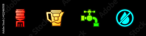 Set Water cooler, jug with filter, tap and drop forbidden icon. Vector