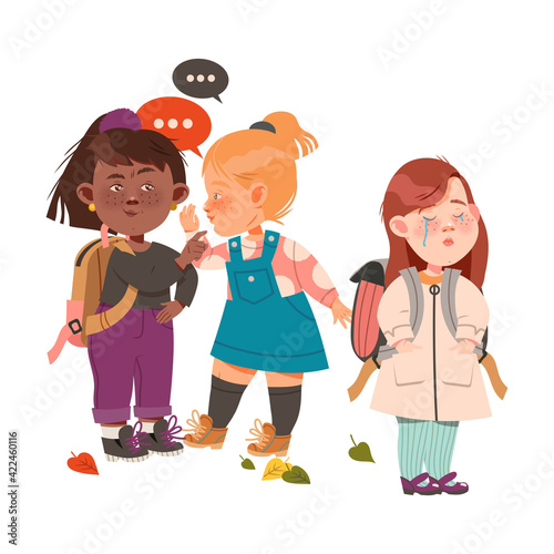 Crying Freckled Girl Standing with Backpack Afraid of Bullying and Gossiping Behind the Back Vector Illustration