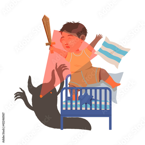 Little Boy Afraid of Monster on His Bed Fighting with Sword Vector Illustration