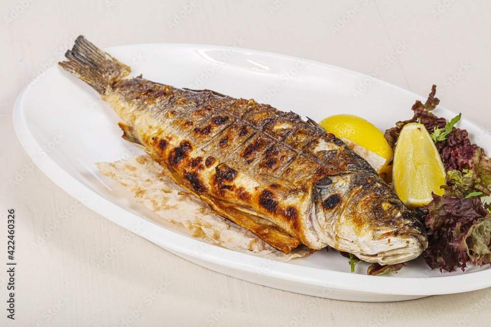 Grilled seabass fish served lemon Grilled seabass fish served lemon