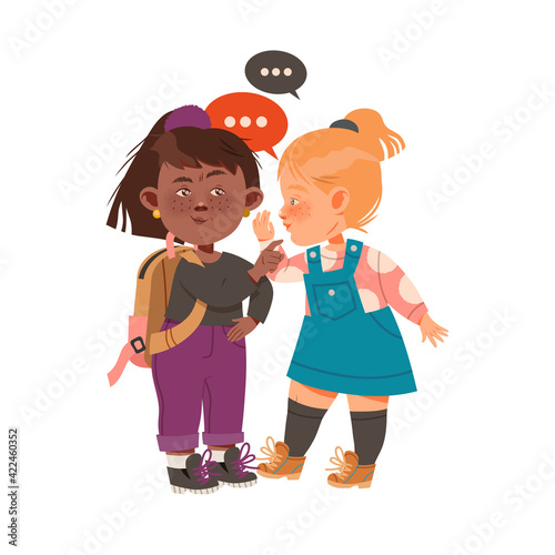 Little Freckled Girls Gossiping and Spreading Rumors About Her Agemates Vector Illustration