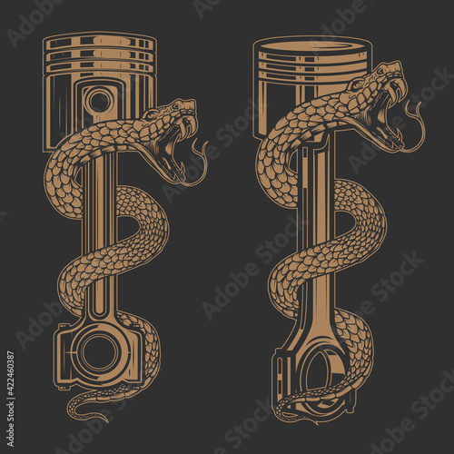 Illustrations of snake on car piston. Design element for poster, card, banner, sign. Vector illustration
