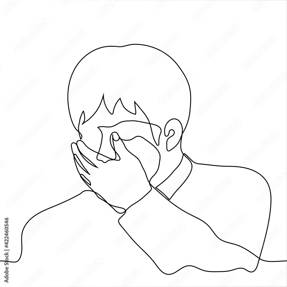 man covered his face with his hand - one line drawing. Concept of ...