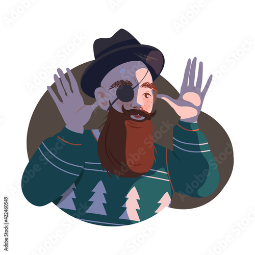 Bearded Man Hipster in Hat with Eye Patch Mocking or Taunting Vector Illustration