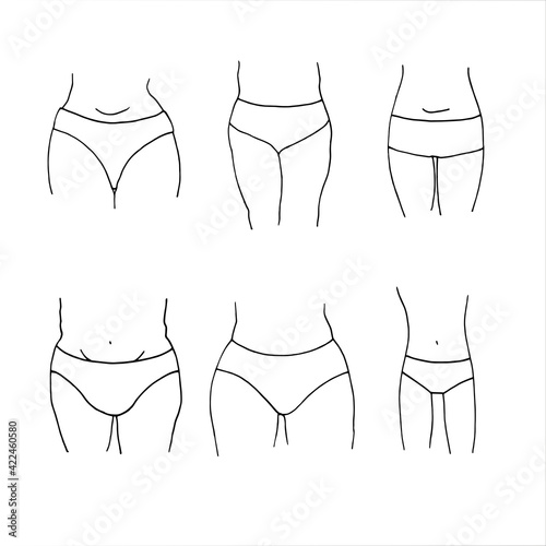 different types of female figures - female hips in shorts, bodies plus size models. vector sketch set in doodle style