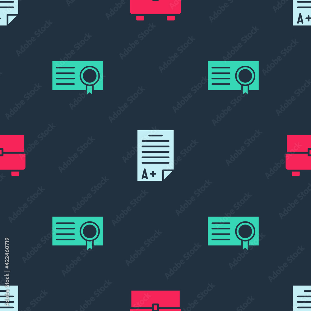 Set School backpack, Exam sheet with A plus grade and Certificate template on seamless pattern. Vector Set School backpack, Exam sheet with A plus grade and Certificate template on seamless pattern. Vector