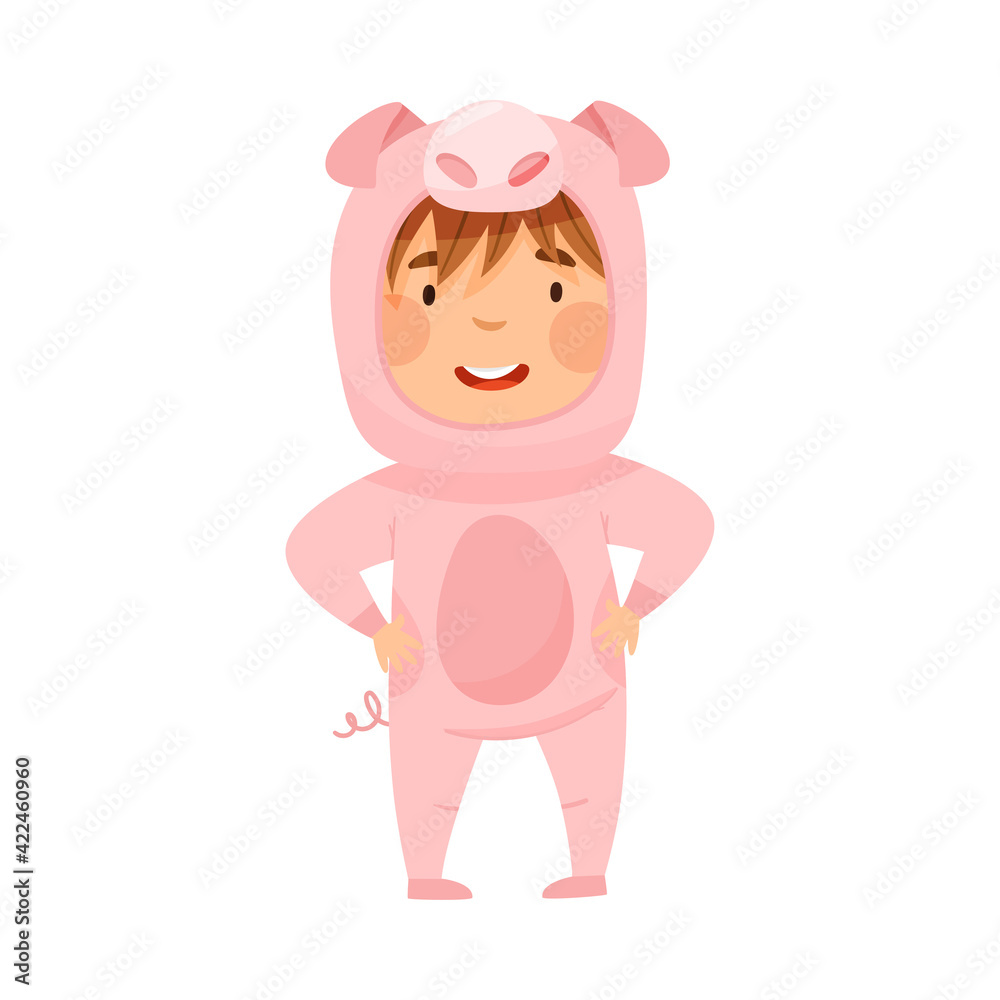 Cute Boy Wearing Pink Pig Costume Role Playing and Having Fun Vector Illustration Cute Boy Wearing Pink Pig Costume Role Playing and Having Fun Vector Illustration