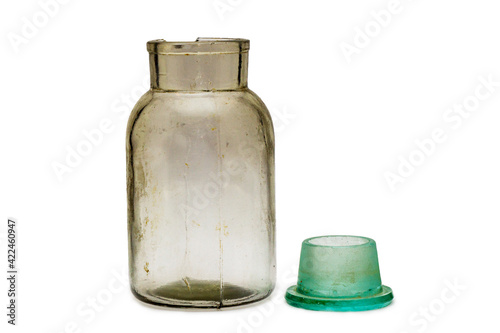 pharmacy utensils previously used on white background, isolate photo