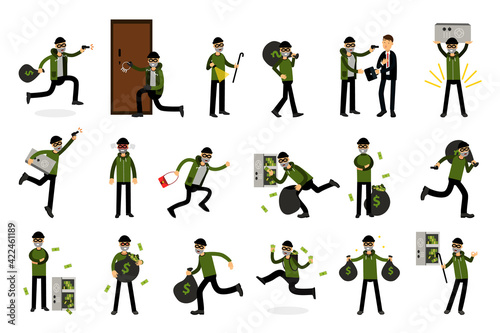 Male Burglar or Robber in Black Mask Stealing Money Vector Illustration Set