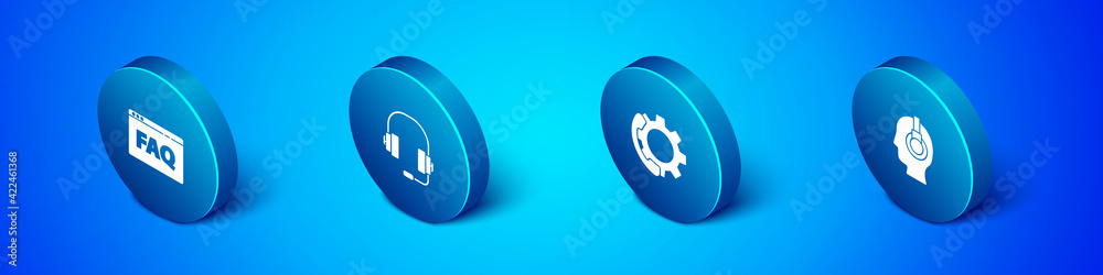 Set Isometric Browser FAQ, Telephone 24 hours support, Support operator in touch and Headphones icon. Vector
