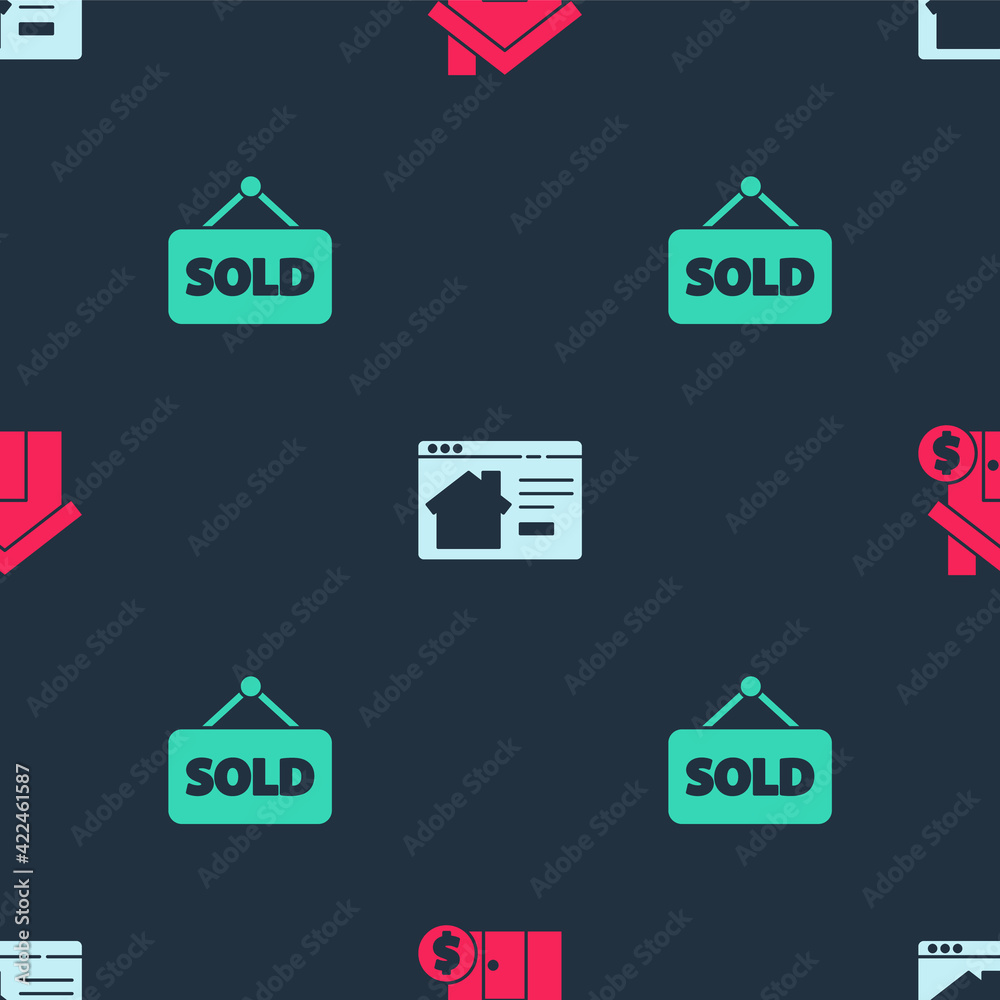 Set House with dollar symbol, Online real estate house and Hanging sign text Sold on seamless pattern. Vector Set House with dollar symbol, Online real estate house and Hanging sign text Sold on seamless pattern. Vector