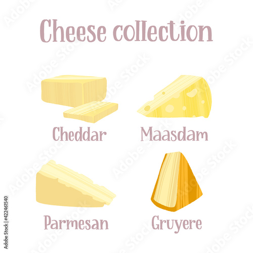 Cheese collection. Different kinds of cheeses. Cheddar, maasdam, parmesan and gruyere.