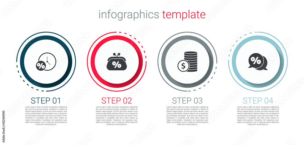 Set Clock and percent, Purse money, Coin with dollar and Discount tag. Business infographic template. Vector Set Clock and percent, Purse money, Coin with dollar and Discount tag. Business infographic template. Vector