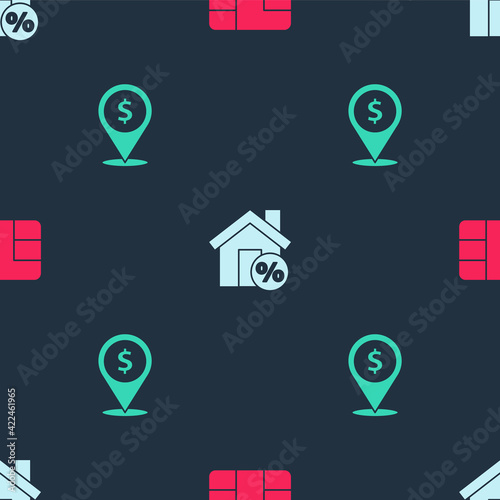 Set Credit card with chip, House percant discount and Cash location on seamless pattern. Vector