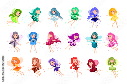 Cute Fairies or Pixies in Pretty Dresses Flying Vector Illustration Set