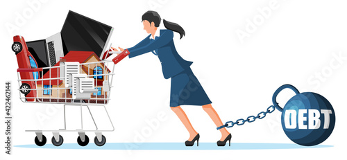 Woman with debt weight pulling shopping cart