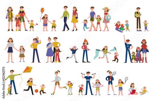 Man and Woman Parents Spending Time Together with Their Children Vector Illustration Set