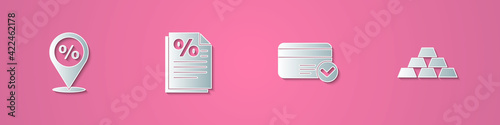 Set paper cut Location with percent discount, Finance document, Credit card and Gold bars icon. Paper art style. Vector