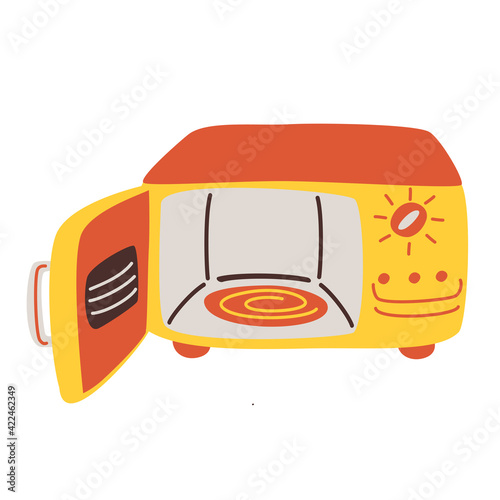 Microwave oven with open door. Electric machine. Kitchen appliance, equipment. Vector cartoon illustration on the white background