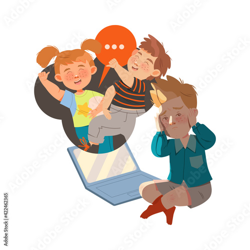 Little Boy Afraid of Mocking and Cyberbullying Sitting Near Laptop Covering His Ears with His Hands Vector Illustration