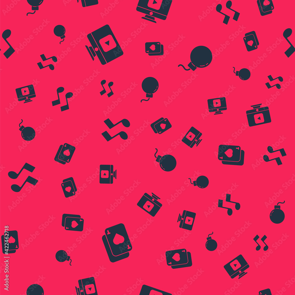 Set Playing cards, Online play video, Music note, tone and Bomb ready explode on seamless pattern. Vector Set Playing cards, Online play video, Music note, tone and Bomb ready explode on seamless pattern. Vector