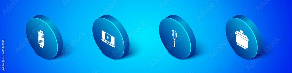 Set Isometric Sewing thread on spool, Kitchen whisk, Cooking pot and Online play video icon. Vector Set Isometric Sewing thread on spool, Kitchen whisk, Cooking pot and Online play video icon. Vector