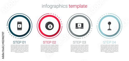 Set Online play video, Billiard pool snooker ball, and Joystick for arcade machine. Business infographic template. Vector