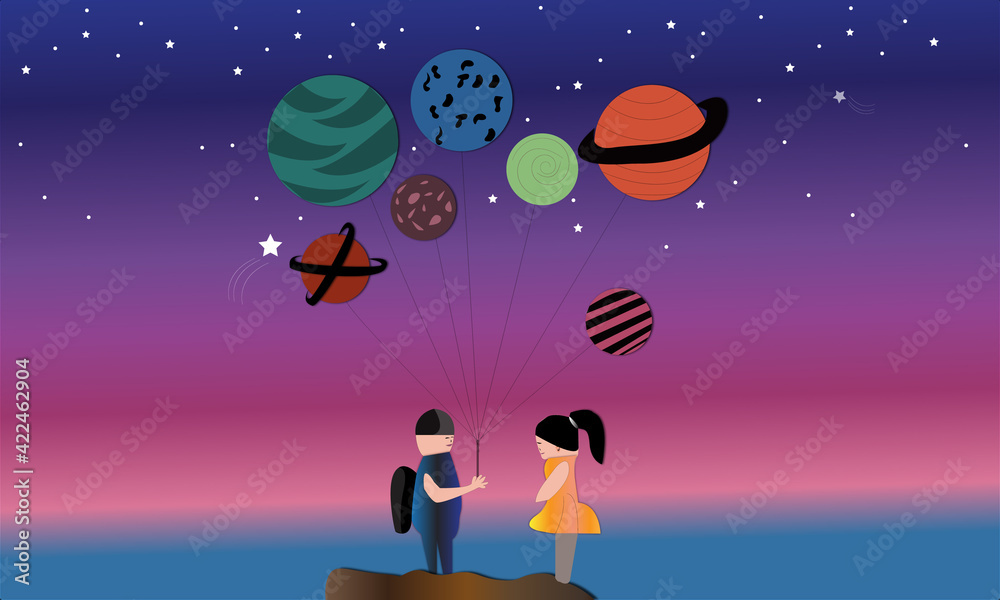 Girl and Boy with Balloons Vector-Illustration