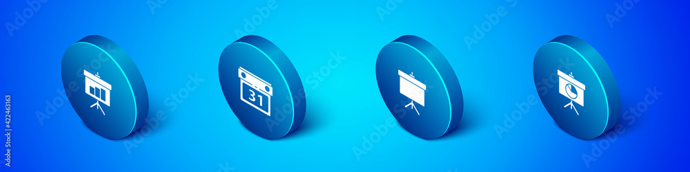 Set Isometric Chalkboard with diagram, , and Calendar icon. Vector