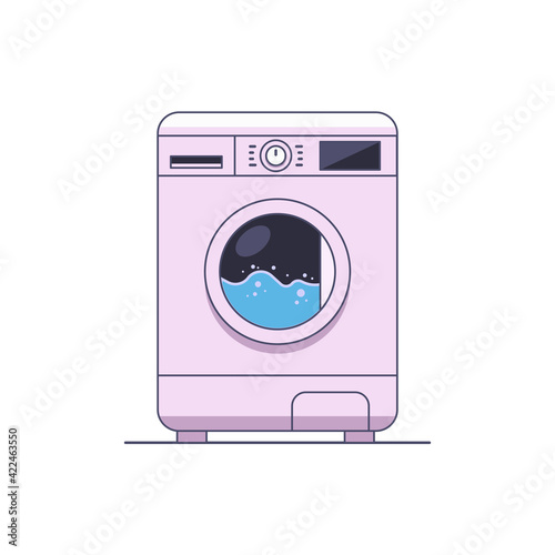 Washing machine icon on isolated white background. Household appliances. Device for washing clothes with washing powder in flat design. Vector illustration