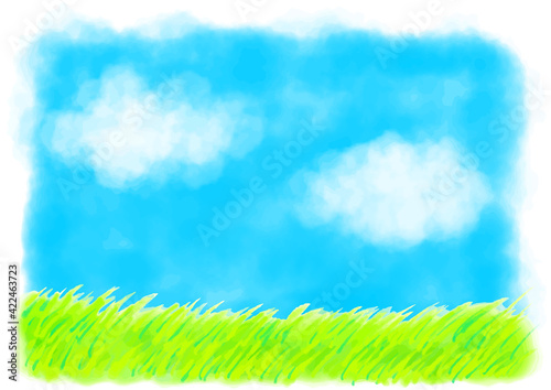 水彩の空と雲、野原のシンプル背景イラスト