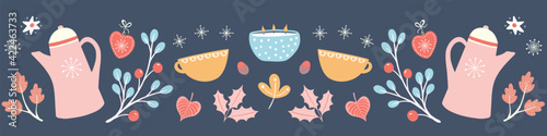 Hygge Autumn and winter pattern border illustration. Cute and cosy Fall banner design. 