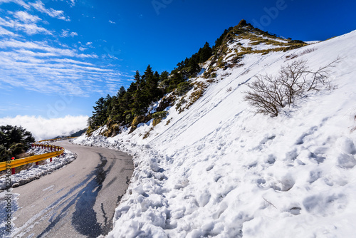 snow and ice covered on asphalt road in Hehuan Mountain of Taiwan, Asia. Taroko National Park is one of Taiwan's most popular tourist attractions.