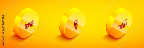 Set Isometric Comedy and tragedy masks, USB flash drive and Cinema camera icon. Vector