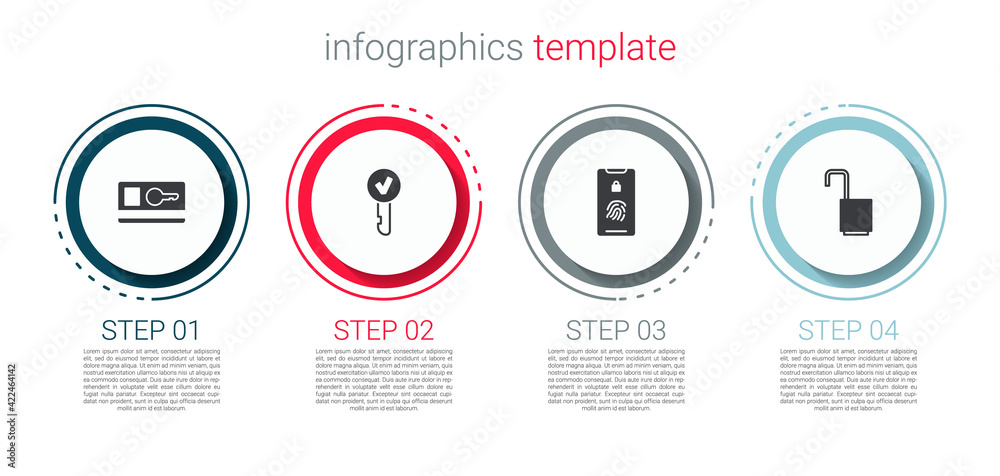 Set Key card, , Mobile with fingerprint scan and Open padlock. Business infographic template. Vector Set Key card, , Mobile with fingerprint scan and Open padlock. Business infographic template. Vector