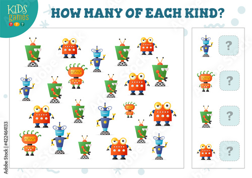 How many of each kind cartoon robot counting game for kids vector illustration