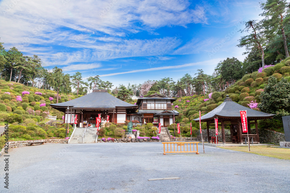 Shiofune Kannon-ji is a 1,300-year-old Buddhist temple in Ome City. The temple is located in a bowl-like depression surrounded by hills covered by azalea bushes.