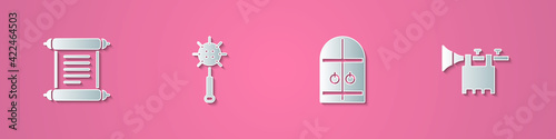 Set paper cut Decree, parchment, scroll, Medieval chained mace ball, castle gate and Trumpet with flag icon. Paper art style. Vector