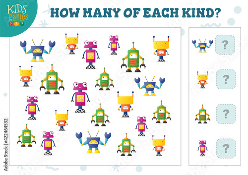 How many of each kind cartoon robot counting game for kids vector illustration